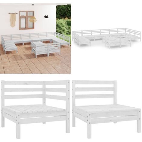 13-tlg. Garten-Lounge-Set Weiß Massivholz Kiefer - Gartenmöbel - Loungesessel - Gartenloungeset - Rattan Möbel - Kiefernholzmöbel - Home & Living