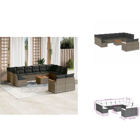 13-tlg. Garten-Sofagarnitur mit Kissen Grau Poly Rattan - Gartenmöbel - Gartensorte - Outdoor Möbel - Lounge Set - Esstisch
