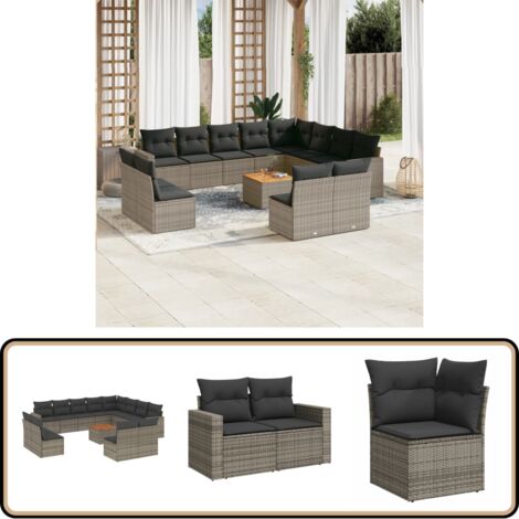 13-tlg. Garten-Sofagarnitur mit Kissen Grau Poly Rattan - Gartenmöbel Set - Lounge Möbel - Outdoor Möbel - Rattan Gartenmöbel - Wetterfeste Gartenmöbel