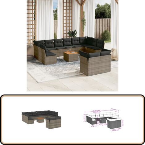 13-tlg. Garten-Sofagarnitur mit Kissen Grau Poly Rattan - Gartensortiment - Outdoor Möbel - Lounge Set - Gartenlounge - Esstischset
