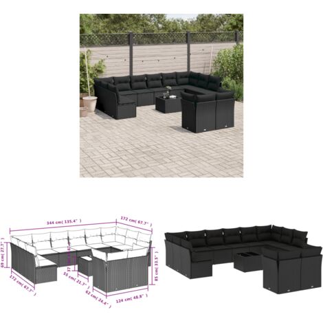 13-tlg. Garten-Sofagarnitur mit Kissen Schwarz Poly Rattan - Gartenmöbel - Esstischgarnituren - Outdoor Möbel - Lounge Set - Rattan Gartenmöbel - Home & Living