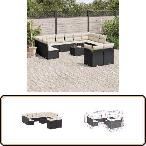 13-tlg. Garten-Sofagarnitur mit Kissen Schwarz Poly Rattan - Gartenmöbel - Esstischgarnituren - Outdoor Möbel - Lounge Set - Rattan Sofa
