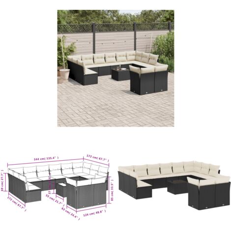 13-tlg. Garten-Sofagarnitur mit Kissen Schwarz Poly Rattan - Gartenmöbel - Esstischgarnituren - Outdoor Möbel - Lounge Set - Rattan Sofa - Home & Living