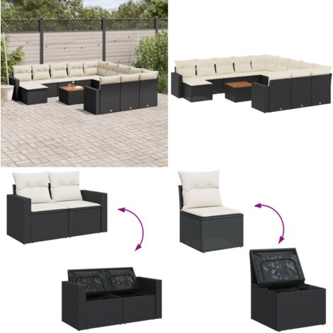 13-tlg. Garten-Sofagarnitur mit Kissen Schwarz Poly Rattan - Gartenmöbel - Outdoor Möbel - Rattan Gartenmöbel - PE-Rattan - Esstisch Set - Home & Living
