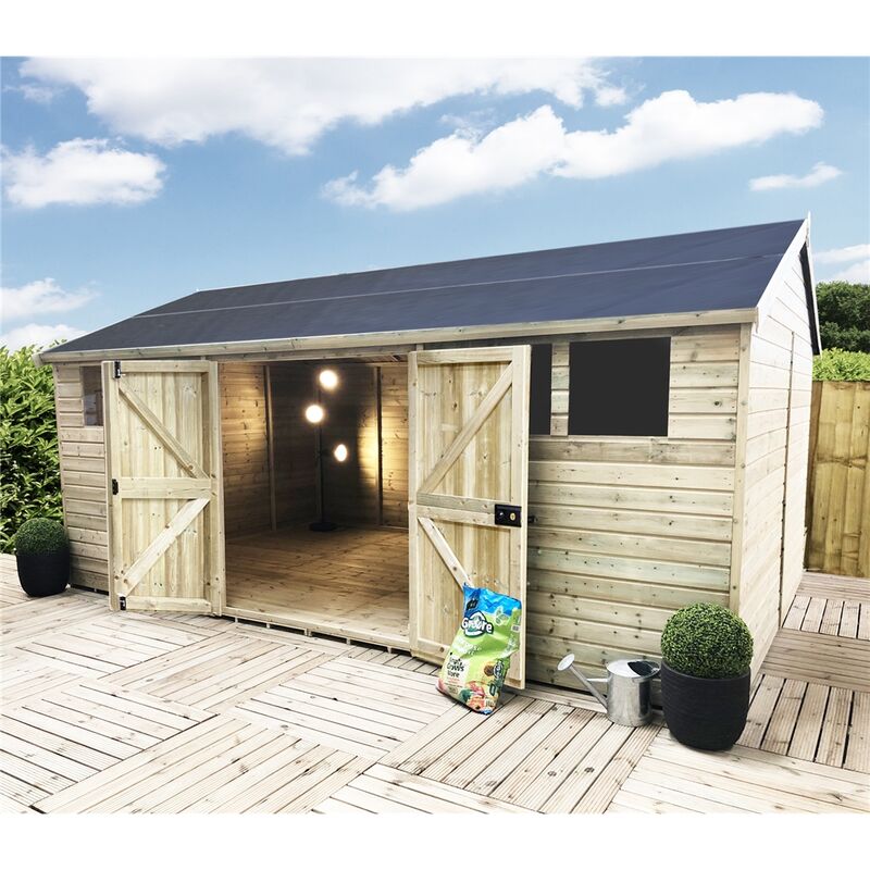 13 x 16 Reverse Premier Pressure Treated T&G Apex Shed With Higher Eaves & Ridge Height 6 Windows & Double Doors (12mm T&G Walls, Floor & Roof) +