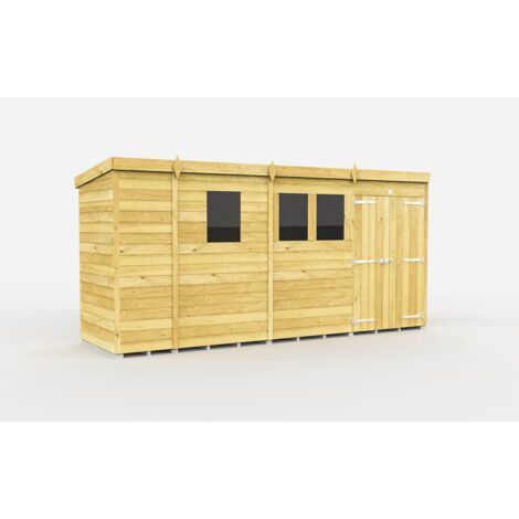 13 x 4 Feet Pent Shed - Double Door With Windows - Wood - L118 x W387 x H201 cm