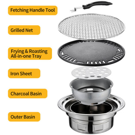 13-Zoll-Multifunktionsgrill im koreanischen Stil, runder Holzkohlegrill, Campingkocher, Tischräucherofen, Grillnetz und -schale für Garten, Picknick und Strand