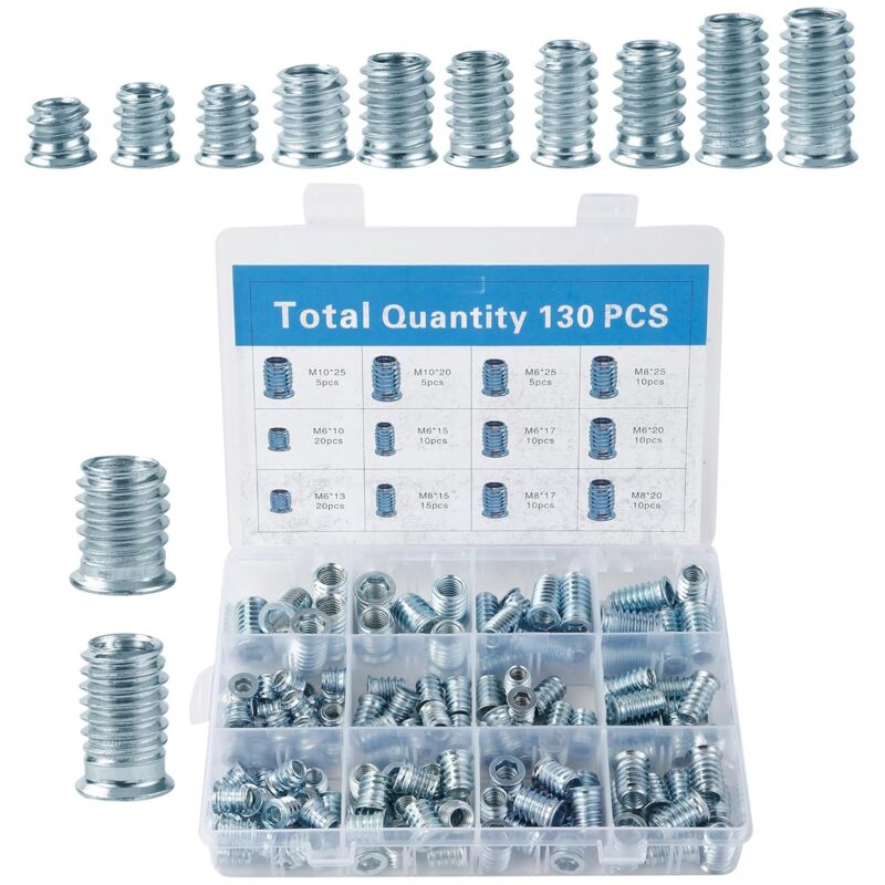 130 Pièces Insert Fileté Bois, Ecrou à Visser pour Bois Six Pans Creux Collerette, M6/M8/M10 Insert Fileté Bois, avec boîte de tri, pour le