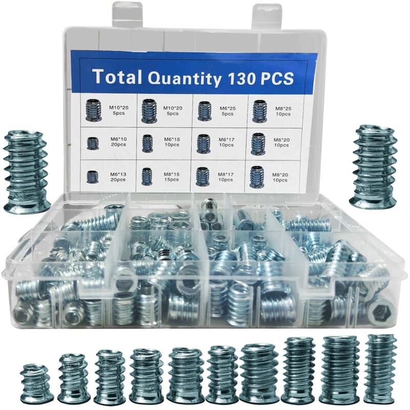 130 Pièces Insert Fileté,M6/M8/M10 Insert Fileté Bois,Écrous à Visser En acier galvanisé,Manchons à Visser en Acier Galvanisé, Insert Fileté Nuts