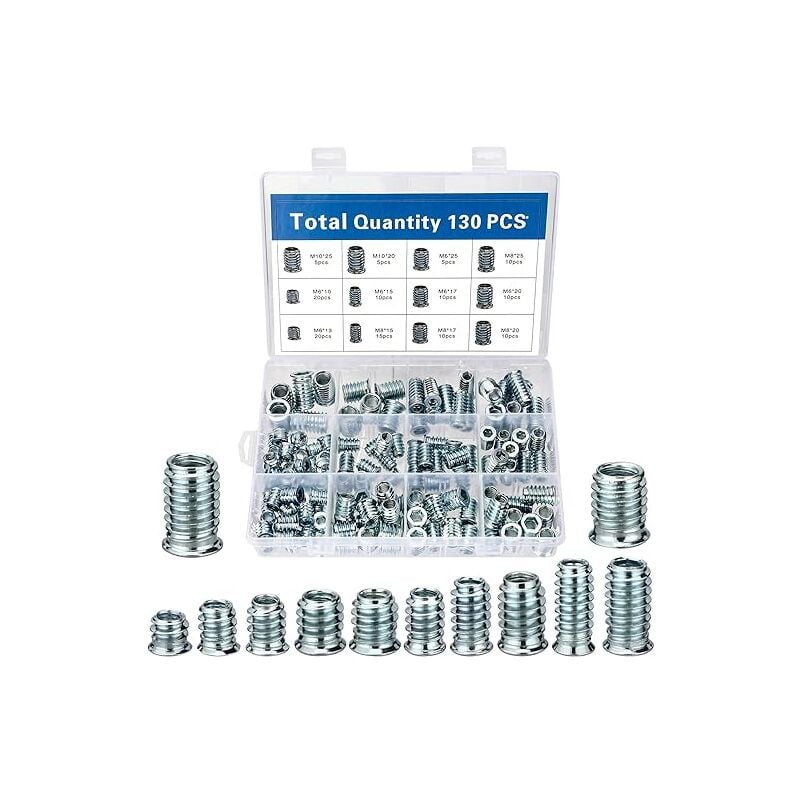 130 unidades de tuercas para atornillar, casquillos roscados M6/M8/M10, casquillo roscado, inserto roscado para madera de acero galvanizado, tuerca