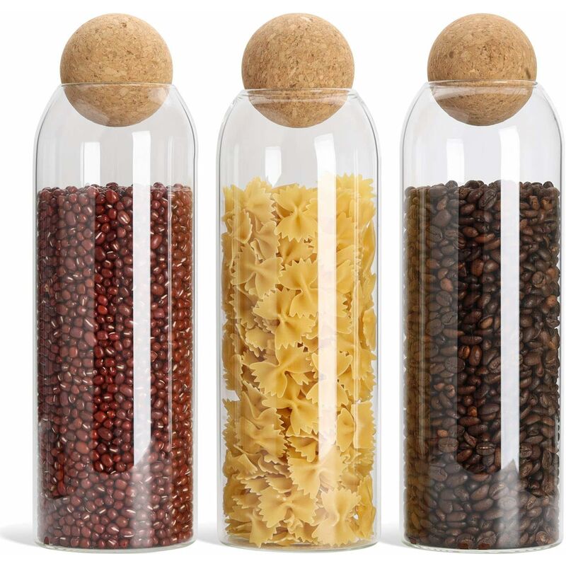 1300 ML Bocaux Conservation Verre, Hermétique Bocal en Verre Borosilicate avec Couvercle en Liège et Rondelle, Lavable en Machine, Lot de 3