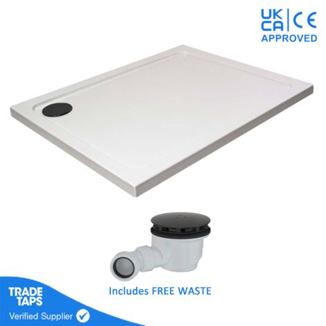 1300 x 800mm White Rectangular 45mm Low Profile Shower Tray with Matt Black Waste