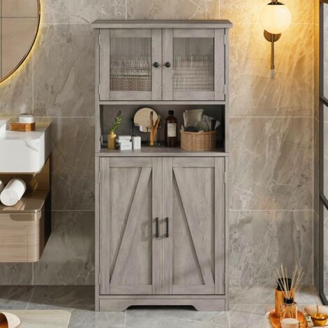 130cm Badezimmerschrank mit 4 Türen - Badezimmerschränke mit verstellbarem Einlegeboden Badezimmerschrank mit 4 Fächer Hochschrank Badezimmer für Badezimmer Wohnzimmer Küche Esszimm (Grau)