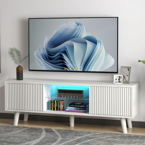 130CM White TV Stand Cabinet Furniture - Fits 50 Inch TV with 2 Storage Doors, LED Lights & Adjustable Glass Shelves, Wooden Media Unit for Living Room Entertainment Center