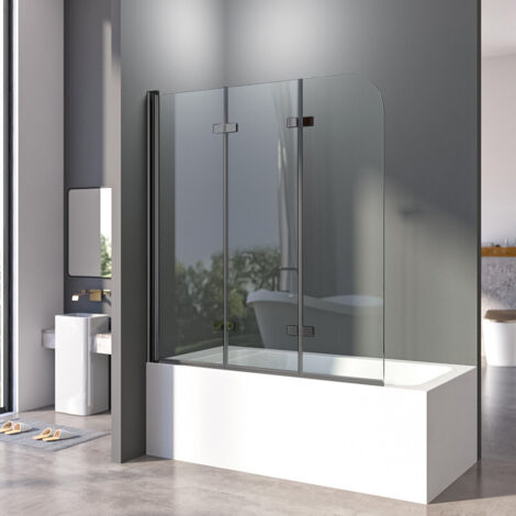 130x140 cm Badewannenaufsatz Schwarz Duschwand für Badewanne Schwarz Duschtrennwand Faltbare 3 teilig Glas Duschabtrennung Badewanne mit 6mm ESG Sicherheitsglas