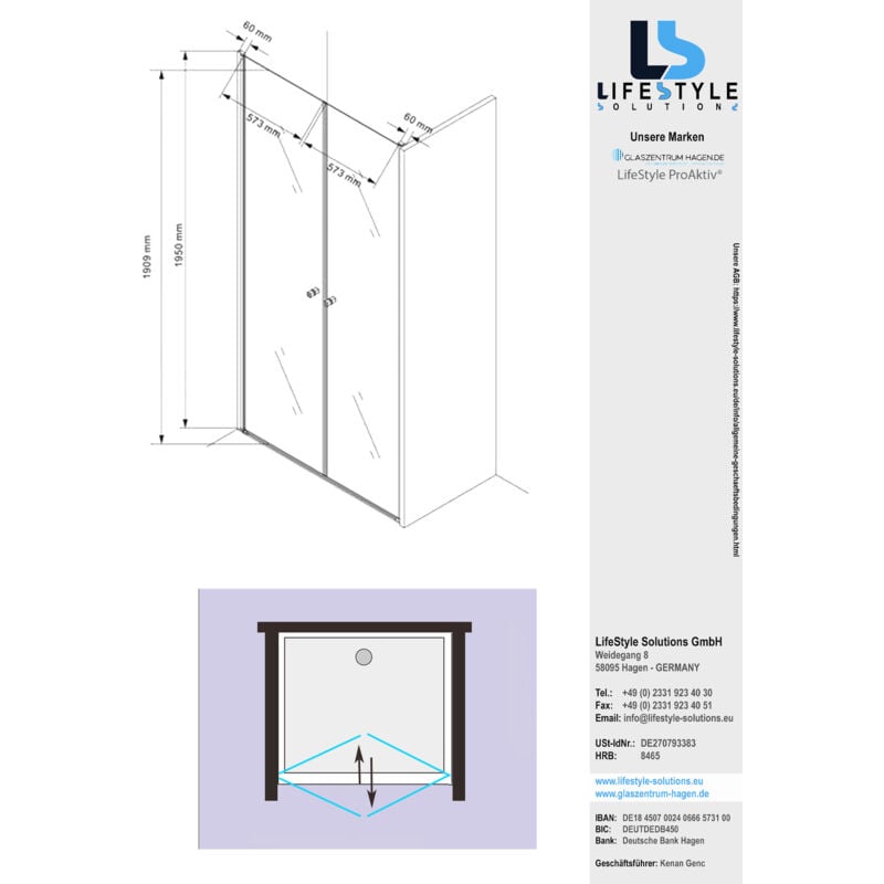 Glaszentrum Hagen - 130x195cm Porte de niche cabine de douche - sans bac de douche