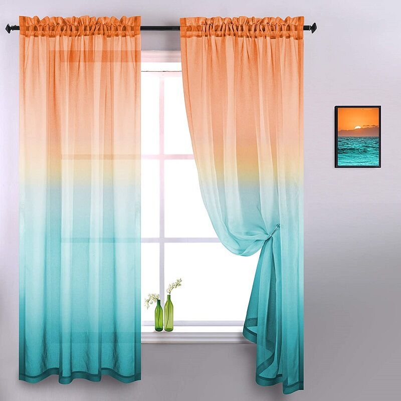 Csparkv - 132x213 cm orange et vert Rideaux Voilage à Oeillet Rideau Semi-Transparent intérieurs pour Chambre Salon Maison