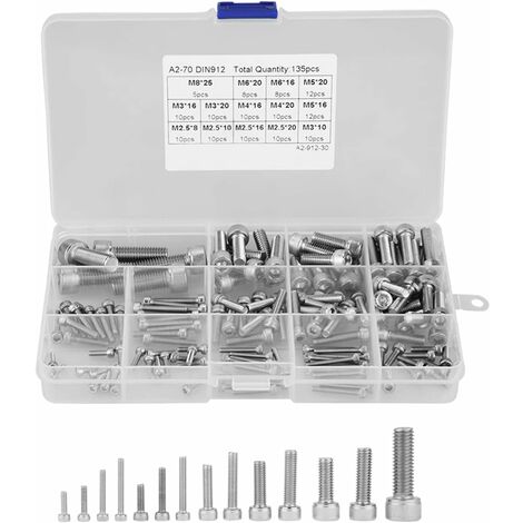 135 pcs Set M2.5 M3 M4 M5 M6 M8 Vis à tête à six pans creux en acier inoxydable 304 Avec boîte en plastique transparente