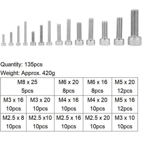 135 pcs Set M2.5 M3 M4 M5 M6 M8 Vis à tête à six pans creux en acier inoxydable 304 Avec boîte en plastique transparente,
