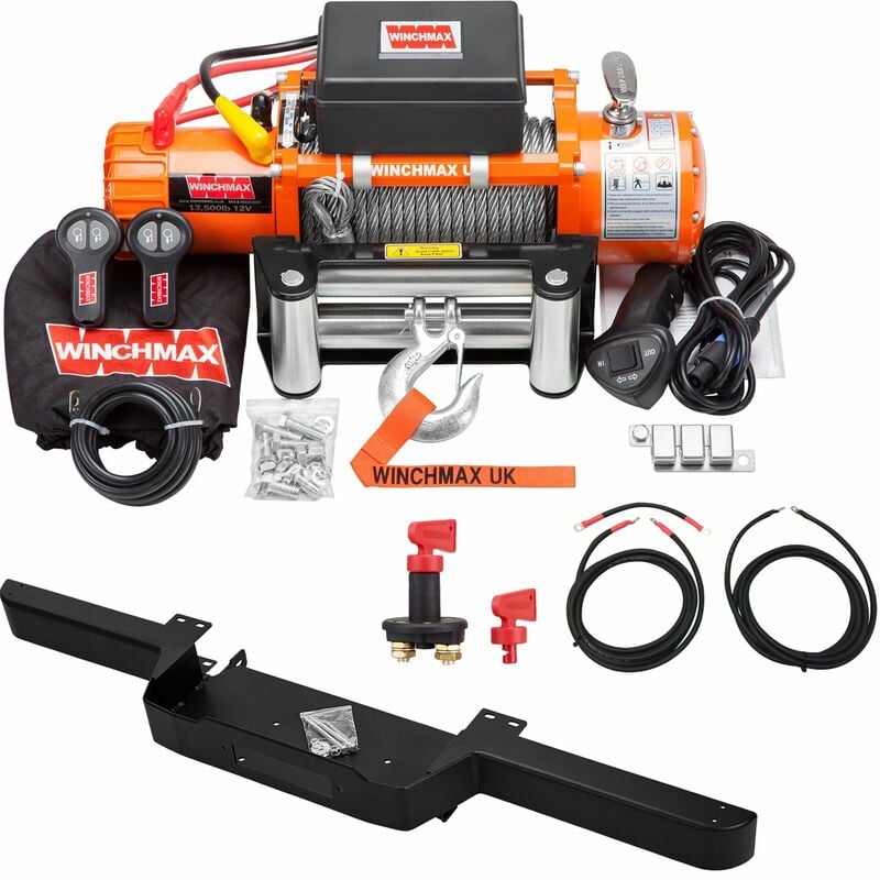 WINCHMAX 13,500lb / 6,123kg Original Orange 12v Winch, Land Rover Defender Winch Bumper, Steel Rope, Wiring Kit & Isolator