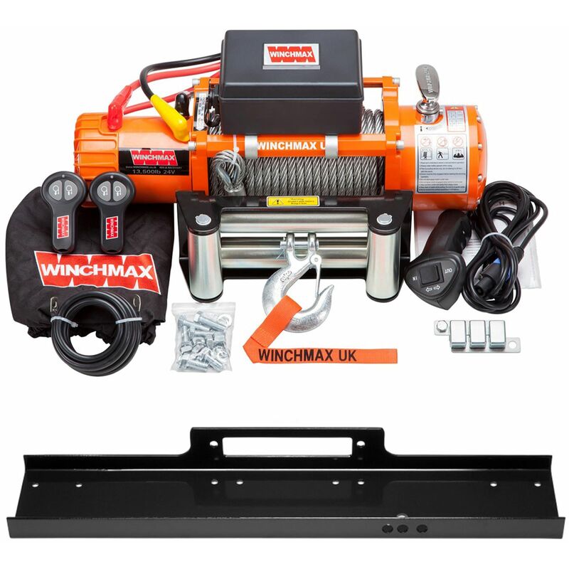 13,500lb / 6,123kg Original Orange 24v Electric Winch, Steel Rope, Flat Bed Mounting Plate - Winchmax