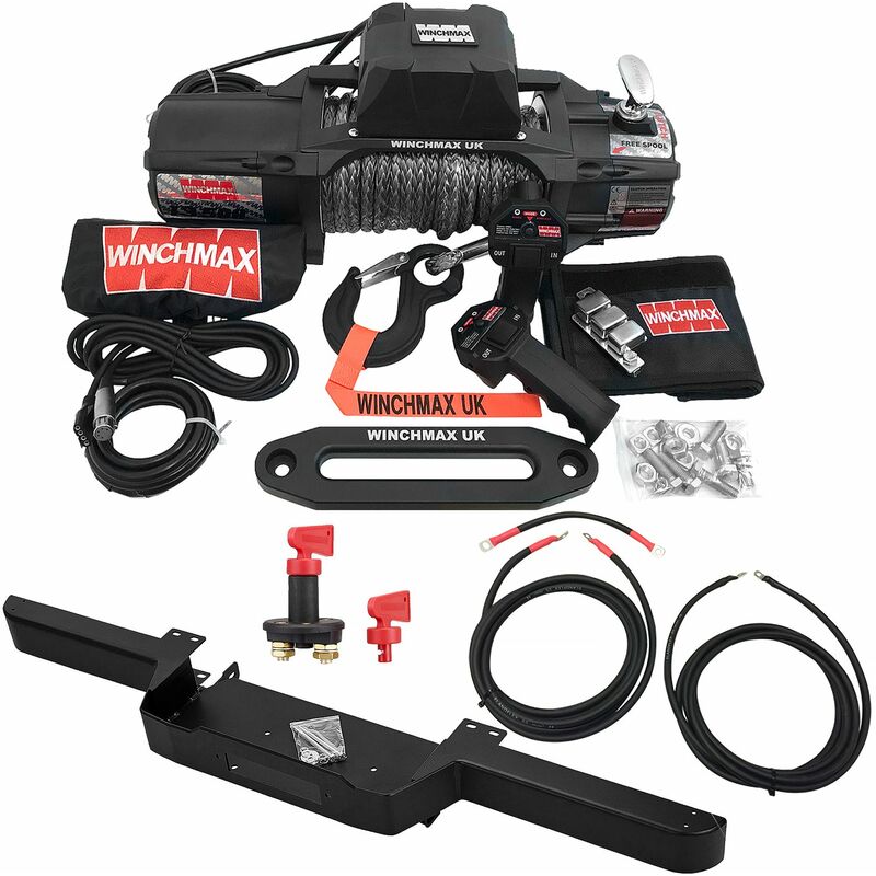 13,500lb / 6,123kg 'SL Series' 12v Military Winch, Land Rover Defender Winch Bumper, Dyneema rope, Wiring Kit & Isolator - Winchmax