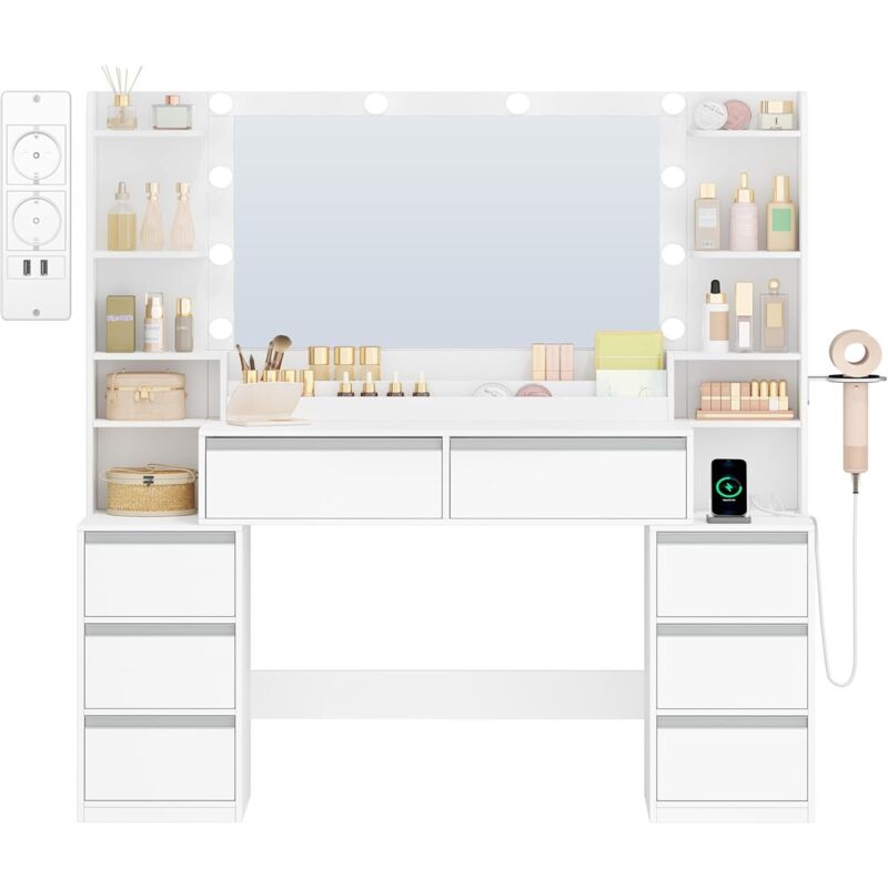 135cm Coiffeuse avec Miroir, Table de Maquillage avec 3 Lumières LED à Luminosité Réglable, Prises de Courant, Support pour Sèche-Cheveux, 8 Tiroirs