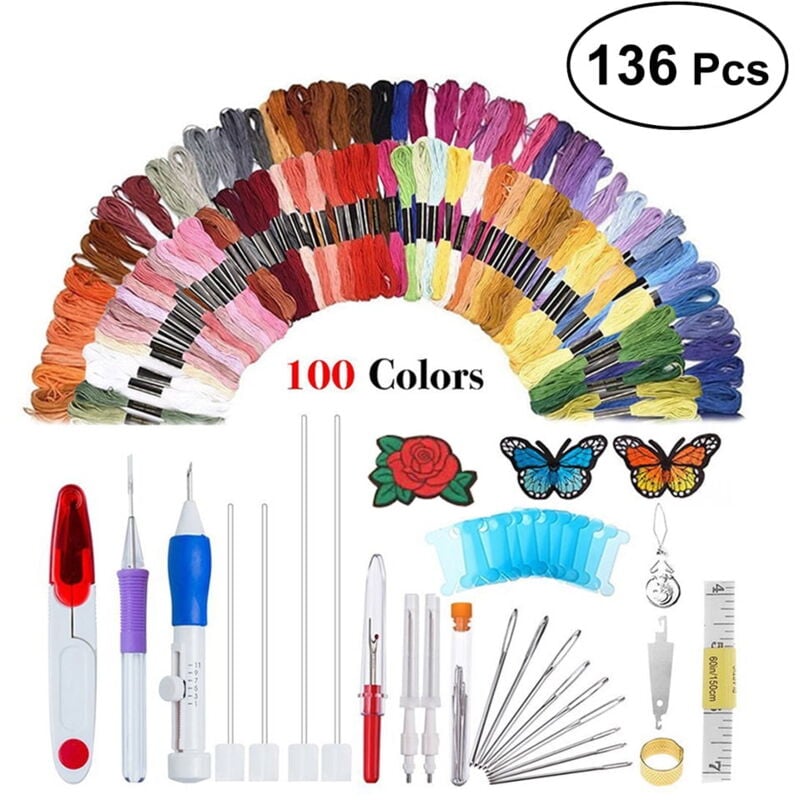 136 pièces stylo à broder aiguille à poinçonner motifs de broderie kit d'aiguille à poinçonner outil d'artisanat ensemble de stylo à broder avec fils
