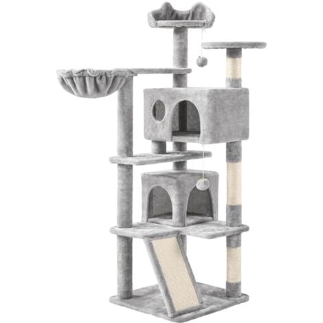139cm Cat Tree Tower, Cat Stand with 3 Cat Scratching Posts/ 2 Cozy Condos/Cat Scratching Board/ 2 Kitten Toys for 2-3 Large/Medium Adult Cats Light Grey