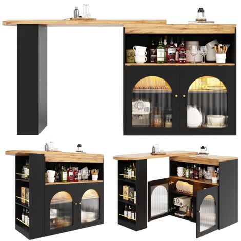 138-193X39X105CM Moderner ausziehbarer Bartisch ,Ausziehbarer Esstisch mit Stauraum , Stehtisch Bistrotisch, drehbar, für Esszimmer,Mit 1m langem LED Lichtstreifen(Einstellbare Lichtfarbe),Schwarz