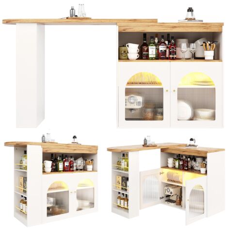 138-193X39X105CM Moderner ausziehbarer Bartisch ,Ausziehbarer Esstisch mit Stauraum , Stehtisch Bistrotisch, drehbar, für Esszimmer,Mit 1m langem LED Lichtstreifen(Einstellbare Lichtfarbe),Weiß