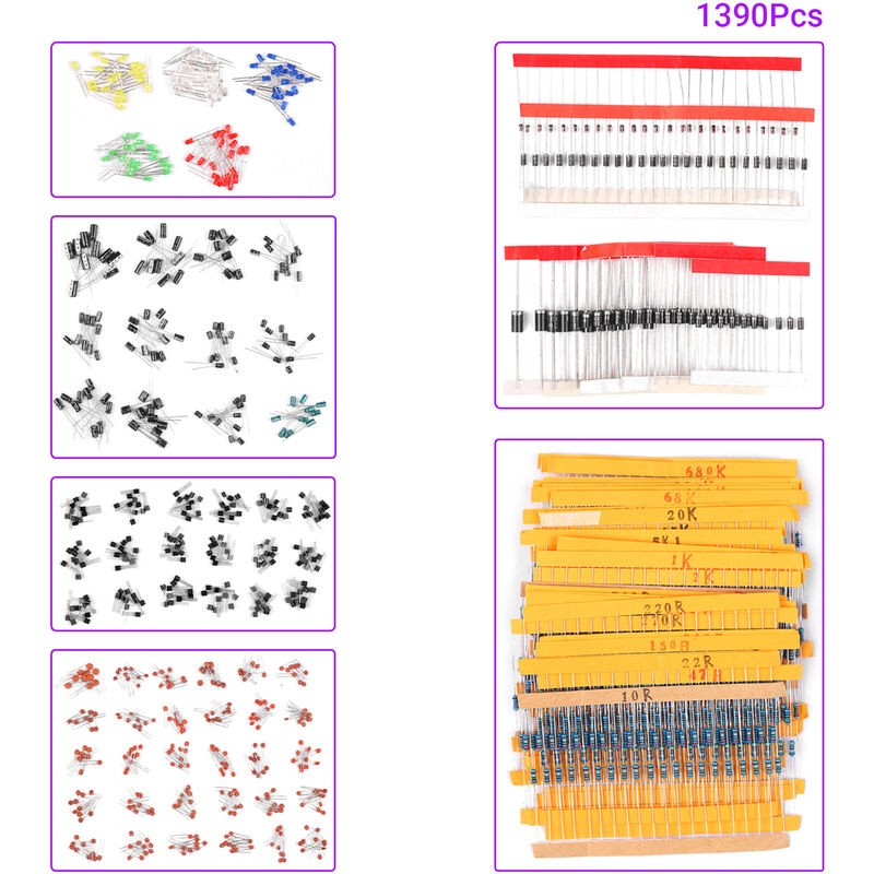 1390Pcs Electronic Component Kit 3mm LED Diode Resistor Transistor Electrolytic Capacitor Ceramic Capacitor Kit,model:Multicolor