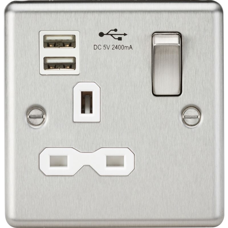 Knightsbridge - 13A 1G Switched Socket Dual usb Charger Slots with White Insert - Rounded Edge Brushed Chrome 230V IP20