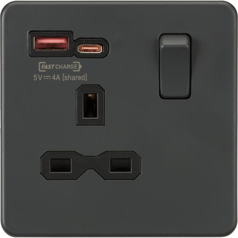 13A 1G Switched Socket with dual USB [FASTCHARGE] A+C - Anthracite 230V IP20