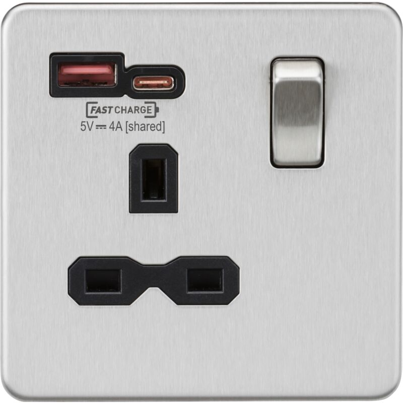 13A 1G Switched Socket with dual usb [fastcharge] a+c - Brushed Chrome with Black Insert 230V IP20