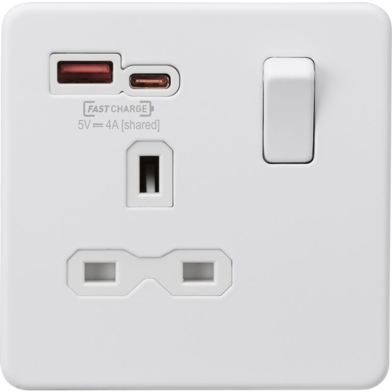 Knightsbridge - 13A 1G Switched Socket with dual usb [fastcharge] a+c - Matt White 230V IP20