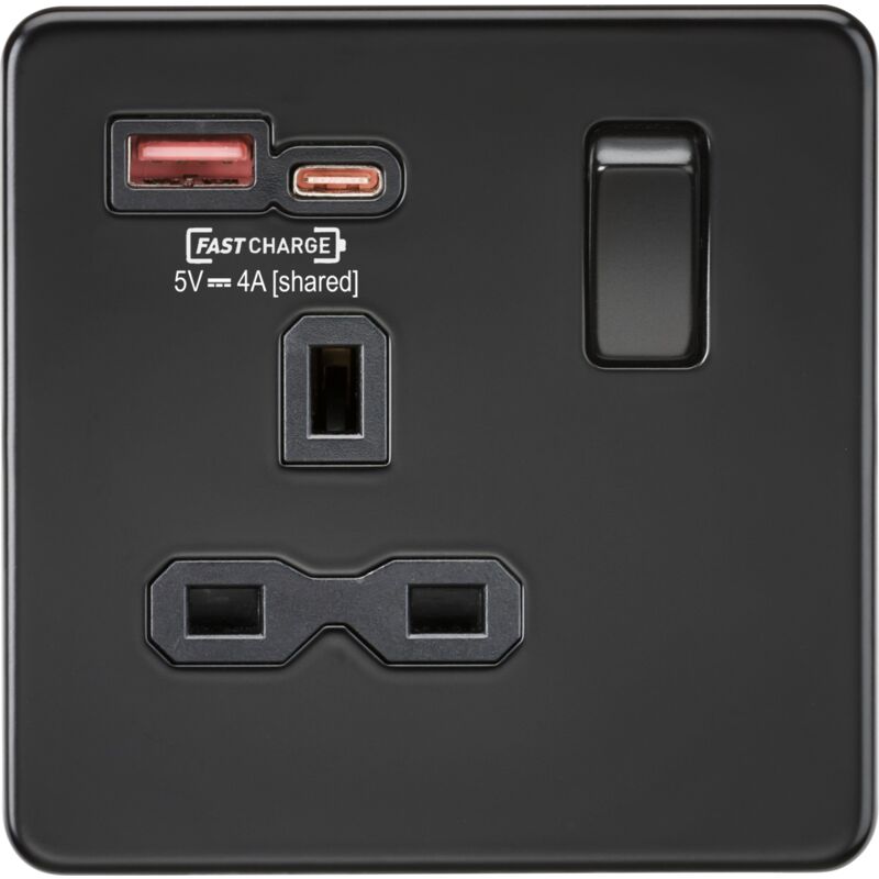 13A 1G Switched Socket with dual USB [FASTCHARGE] A+C - Smoked Bronze 230V IP20