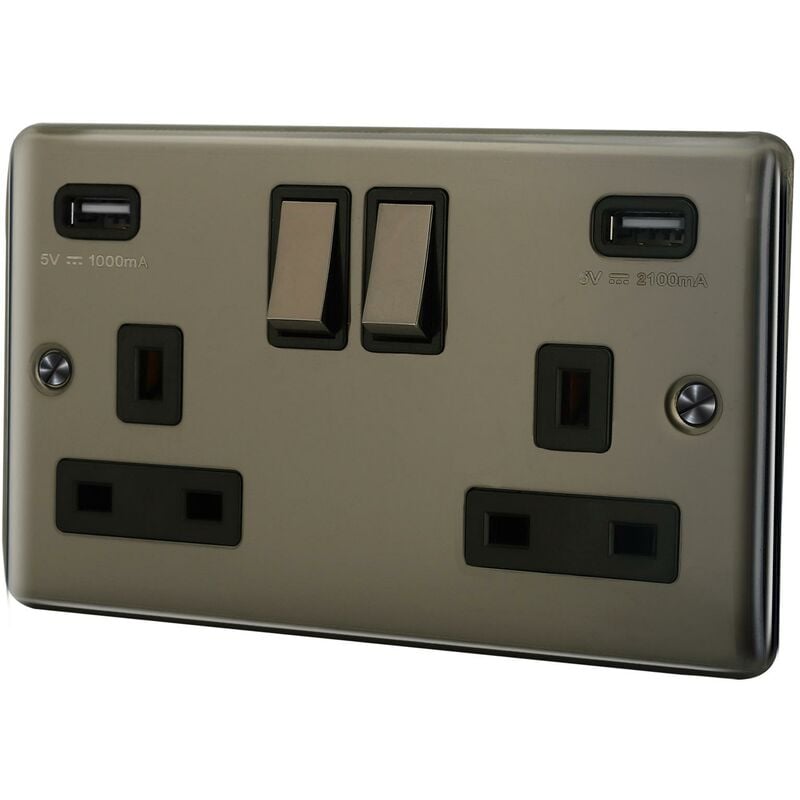 13A 2 Gang Switched Socket +(1.0+2.1) a usb Outlet + Neon Single Pole - Black Nickel