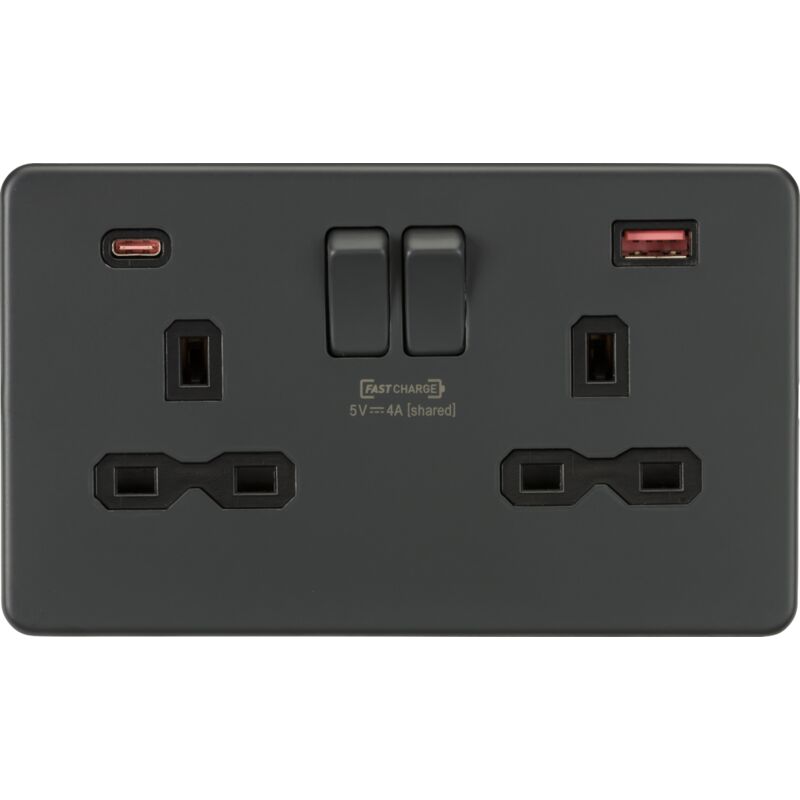Knightsbridge - 13A 2G dp Switched Socket with dual usb [fastcharge] a+c - Anthracite 230V IP20