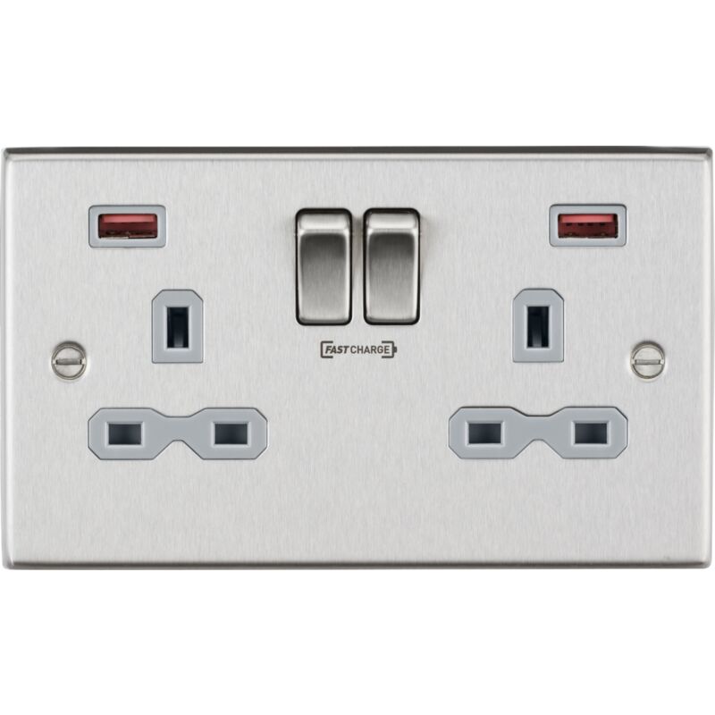 Knightsbridge - 13A 2G dp Switched Socket with Dual usb fastcharge ports (a + a) - Brushed Chrome with grey insert 230V IP20