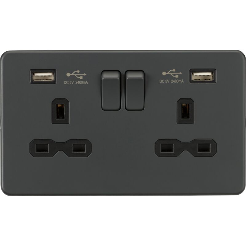 Knightsbridge - 13A 2G Switched Socket with dual usb charger a + a (2.4A) - Anthracite 230V IP20