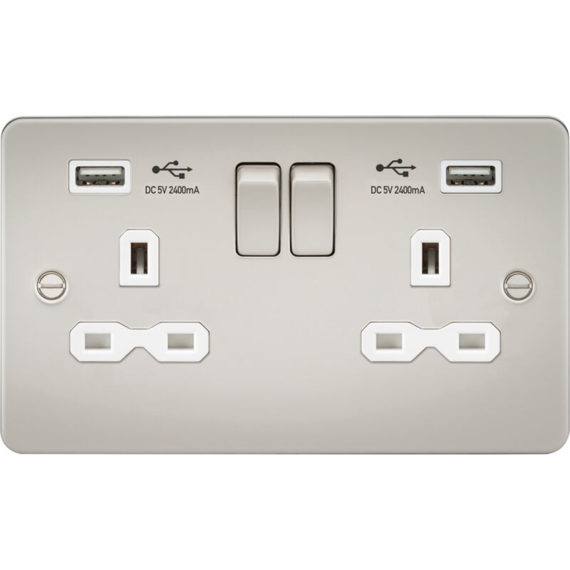 13A 2G Switched Socket with dual USB charger A + A (2.4A) - Pearl with White insert 230V IP20