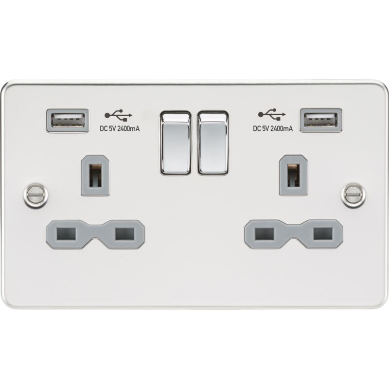 Knightsbridge - 13A 2G Switched Socket with dual usb charger a + a (2.4A) - Polished chrome with grey insert 230V IP20