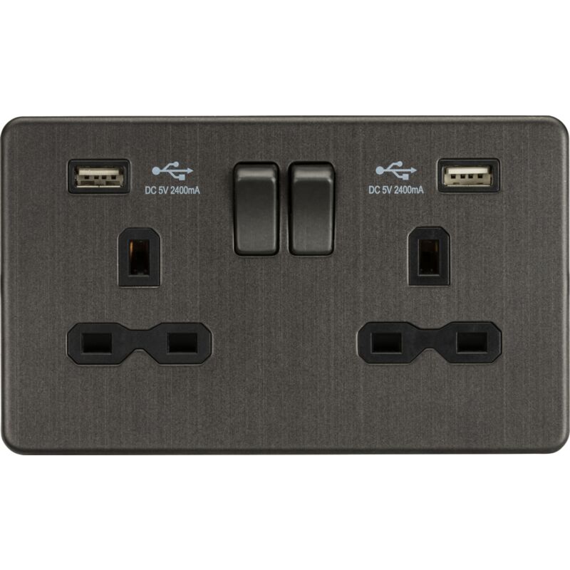 Knightsbridge - 13A 2G Switched Socket with dual usb charger a + a (2.4A) - Smoked bronze 230V IP20
