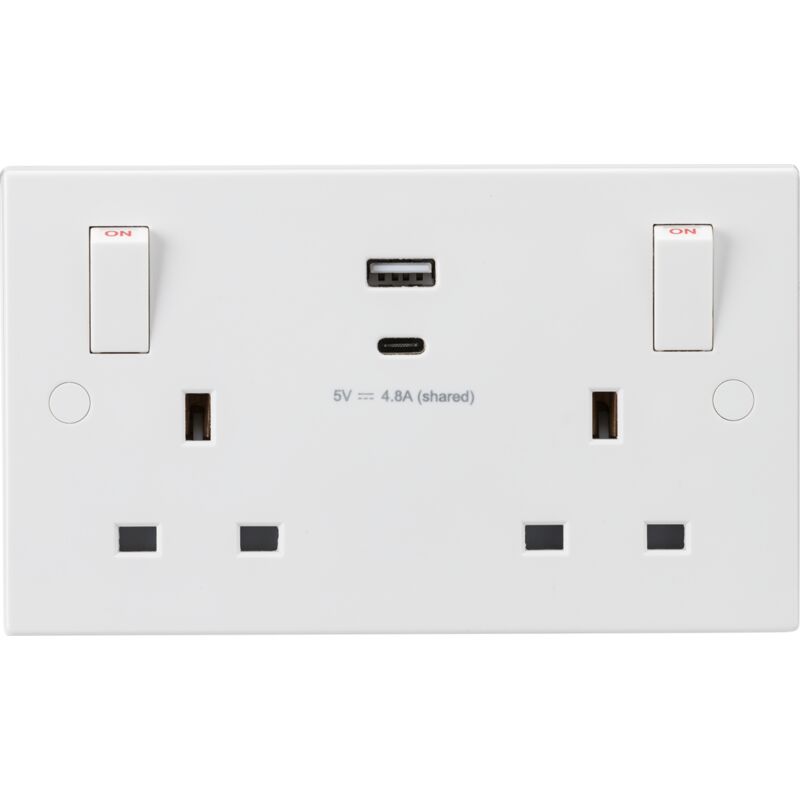 13A 2G Switched Socket with outboard rockers and dual USB (A+C) 5V DC 4.8A shared 230V IP20