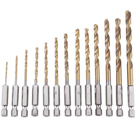 13Pc HSS Titanium Coated Drill Bit Set With 1/4inch Hex Shank--