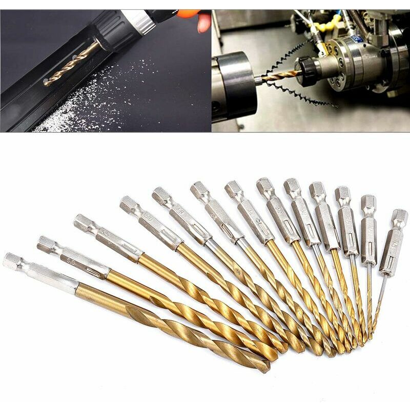 Hoopzi - 13pcs 1/4inch High Speed Steel Drilling Bits Kit 1.5-6.5mm Spiral Flutes Bit for Wood Plastic Iron Steel Copper Aluminum