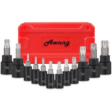 13PCS Douille Torx Mâles T8 à T60, Jeu de douilles embouts étoilé, Coffret Embout 1/4" 3/8" 1/2" drive en Acier S2 - T60