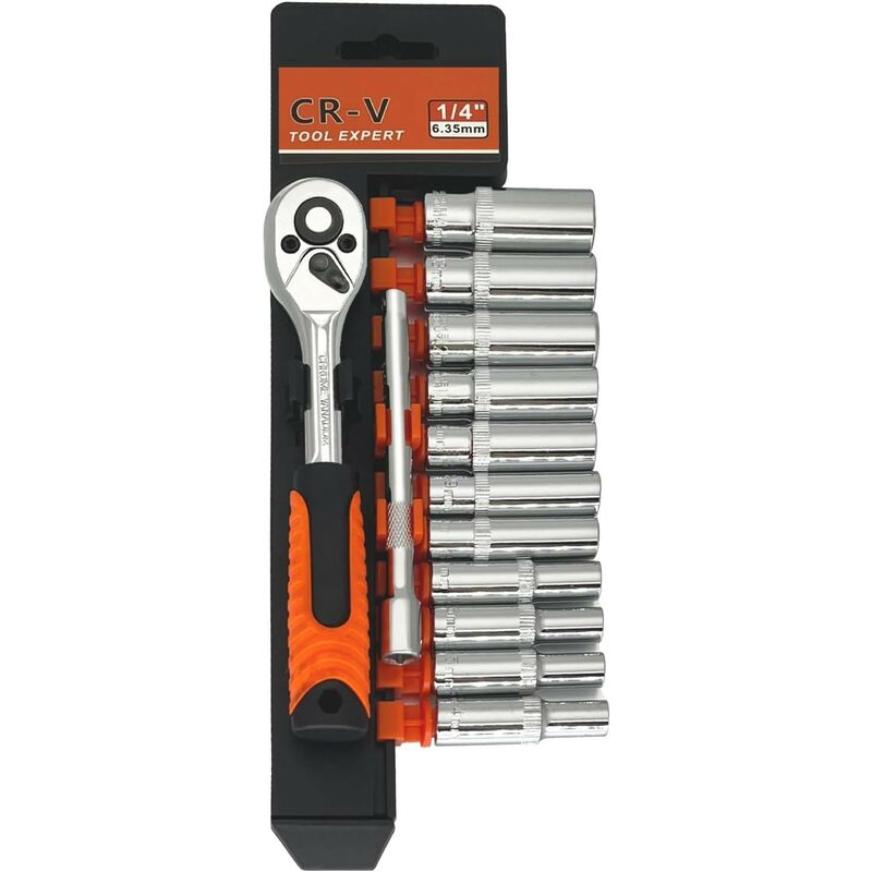13Pcs Jeu de Clés à Cliquet 1/4, avec Tige d'extension Douille Longue (4-14 mm)