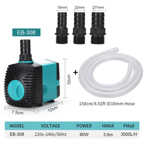 [13R] Pompe à eau submersible pour fontaine (3000 l/h, 60 W) avec 3 buses, hauteur de refoulement de 3,5 m, tuyau d'arrosage de 1,5 m